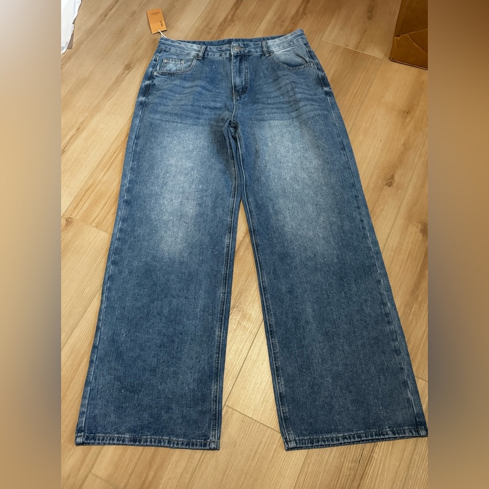HDLTE Wide Leg Blue Jeans NWT Size L High Rise Straight Denim - Picture 3 of 12